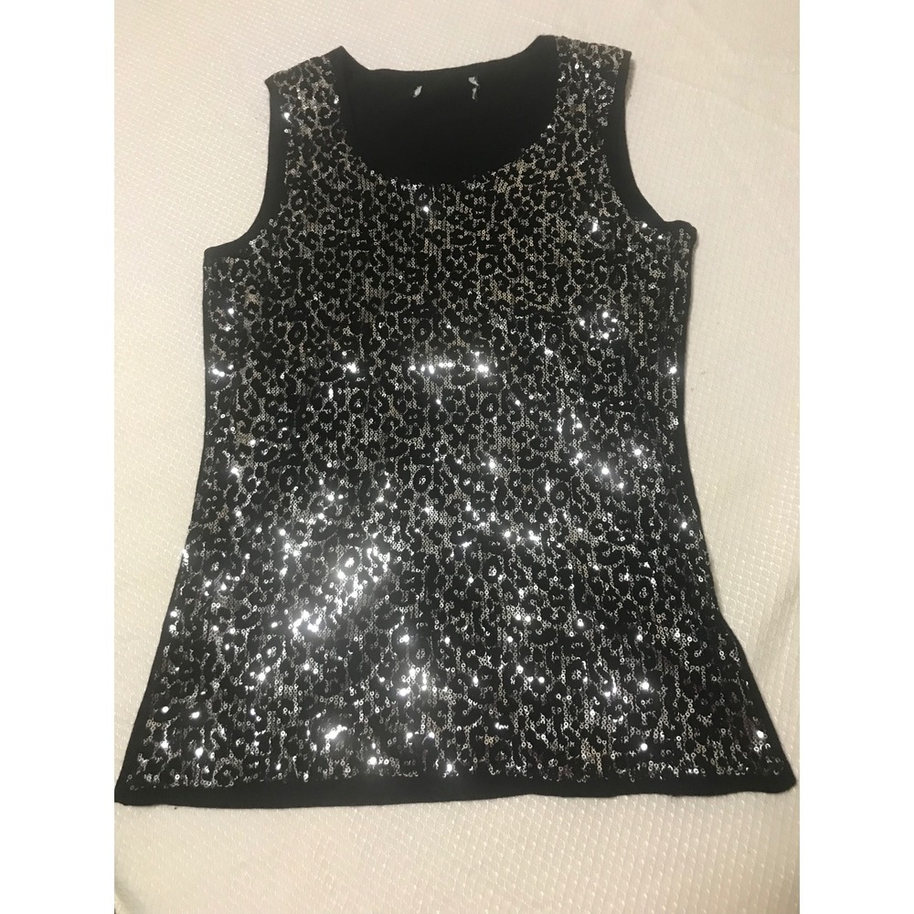 Sparkle Leopard Print Sequin Sleeveless Tank Top Women's Black Silver